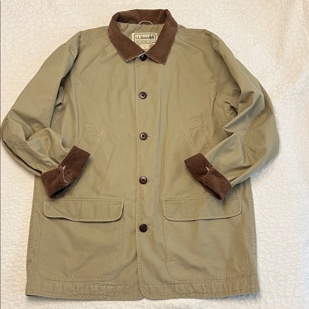 L.L.BEAN MENS COTTON TAN BARN COAT WITH CORDUROY COLLAR SIZE LARGE - Picture 2 of 12